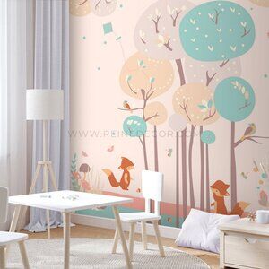 Fox and Rabbit Frolicking in a Pastel Forest Wallpaper | Whimsical Animal Wallpa